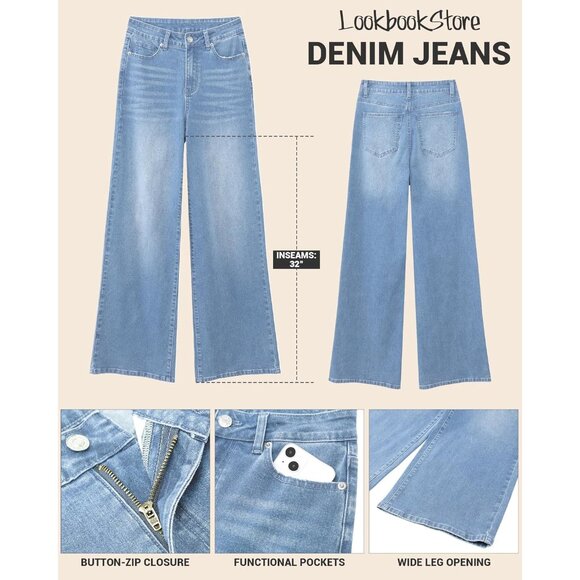 Wide Leg Jeans Women High Waisted Stretch Denim Baggy Pants with Pockets - Picture 4 of 5